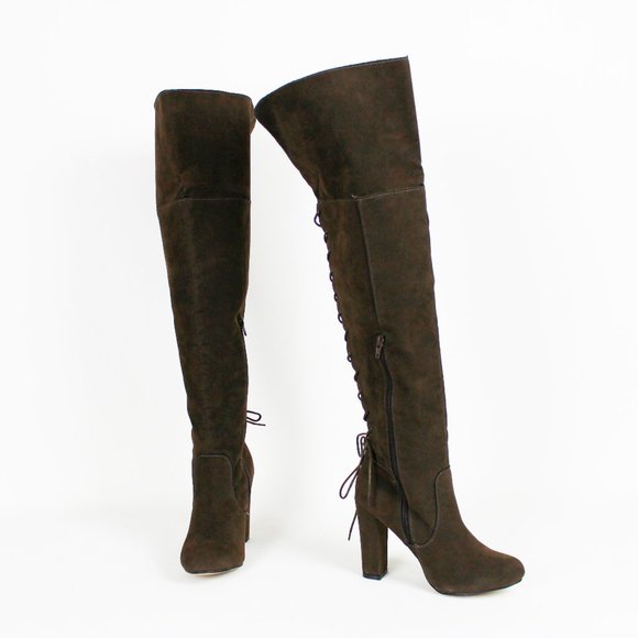 ShoeDazzle Brown Faux Suede Thigh-high Lace-up Boots - Picture 3 of 16